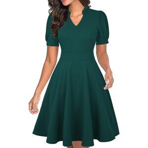 Women Dark Green Short Puff Sleeve Flare Semi-Formal Summer Dress With Pockets
